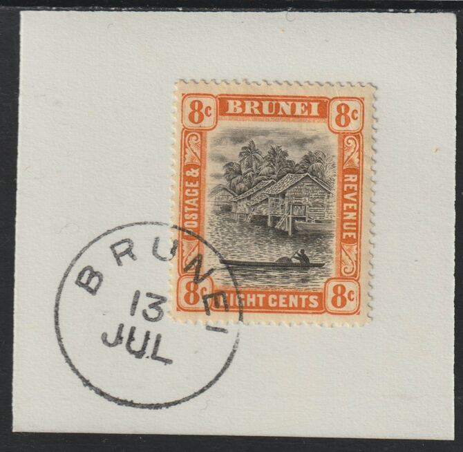 Brunei 1907 River Scene 8c grey-black & orange (SG28) on piece with full strike of Madame Joseph forged postmark type 104