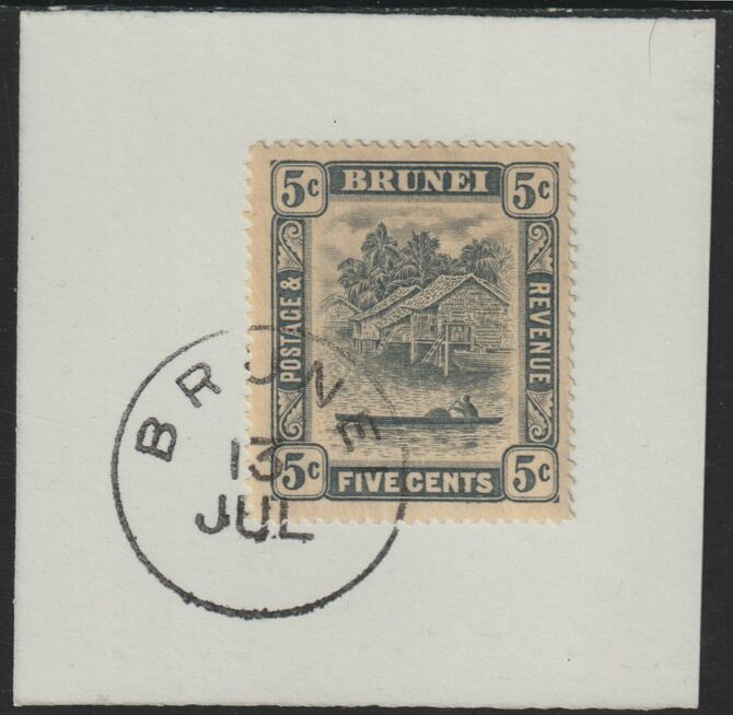 Brunei 1924 River Scene 5c grey (SG67) on piece with full strike of Madame Joseph forged postmark type 104