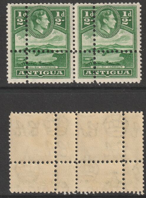 Antigua 1938 KG6 1/2d green horizontal pair with perforations doubled unmounted mint but light foxing. Note: the stamps are genuine but the additional perfs are a slightly different gauge identifying it to be a forgery.