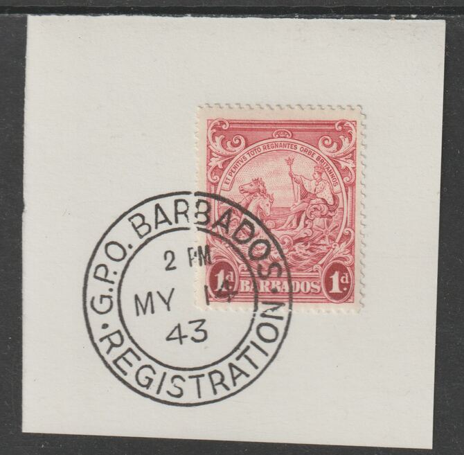 Barbados 1938 KG6 Britannia 1d scarlet on piece with full strike of Madame Joseph forged postmark type 47