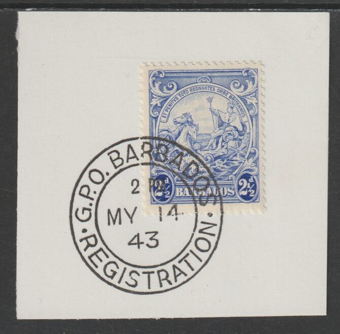 Barbados 1938 KG6 Britannia 2.5d ultramarine on piece with full strike of Madame Joseph forged postmark type 47