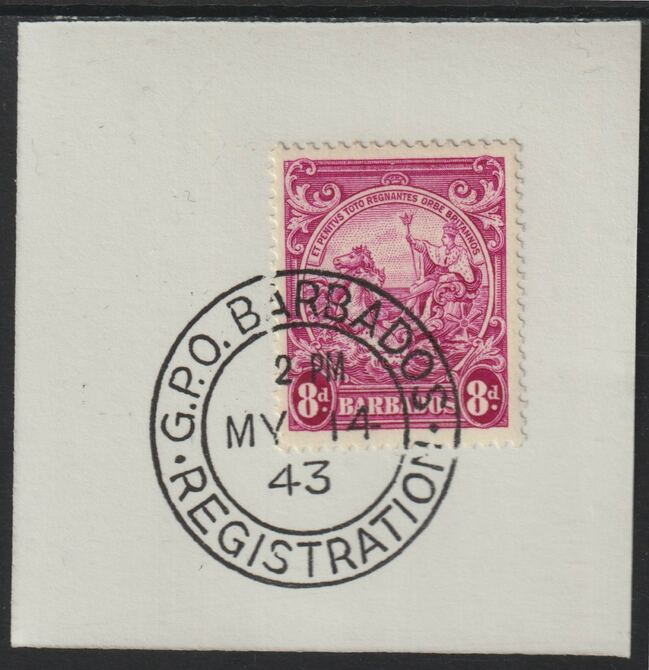 Barbados 1938 KG6 Britannia 8d magenta on piece with full strike of Madame Joseph forged postmark type 47