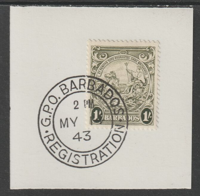 Barbados 1938 KG6 Britannia 1s olive-green on piece with full strike of Madame Joseph forged postmark type 47