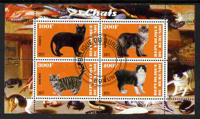 Burundi 2011 Domestic Cats #4 - orange background perf sheetlet containing 4 values fine cto used
