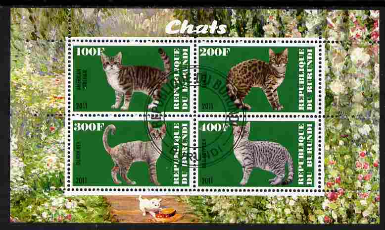 Burundi 2011 Domestic Cats #5 - green background perf sheetlet containing 4 values fine cto used