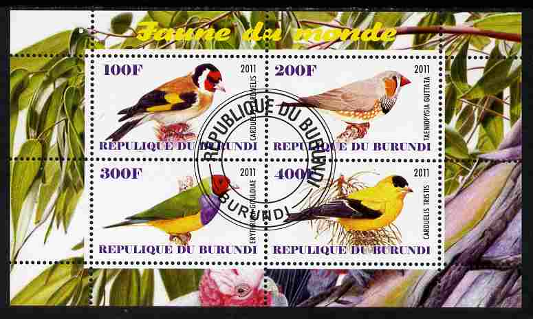 Burundi 2011 Fauna of the World - Birds - Finches perf sheetlet containing 4 values fine cto used
