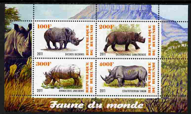 Burundi 2011 Fauna of the World - Rhinoceros perf sheetlet containing 4 values unmounted mint