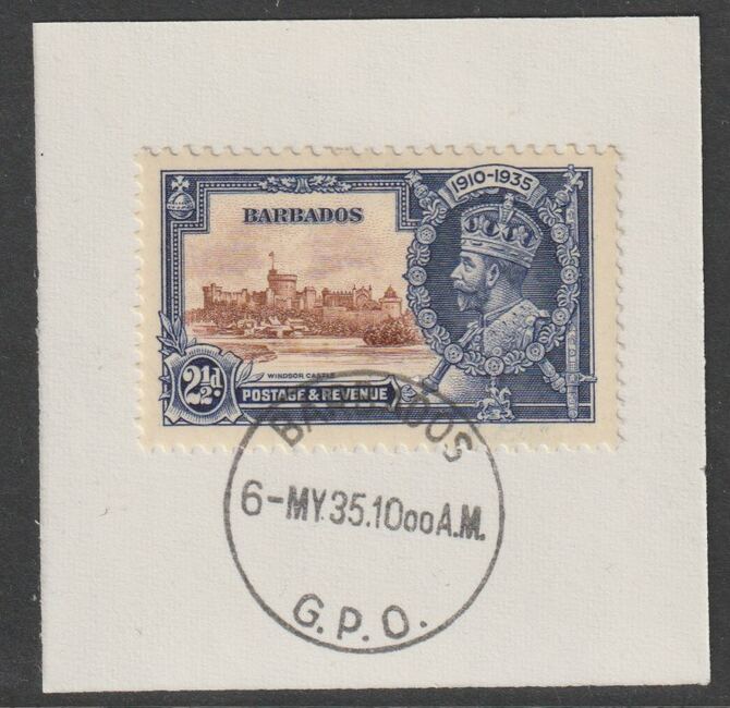 Barbados 1935 Silver Jubilee 2.5d on piece with full strike of Madame Joseph forged postmark type 46