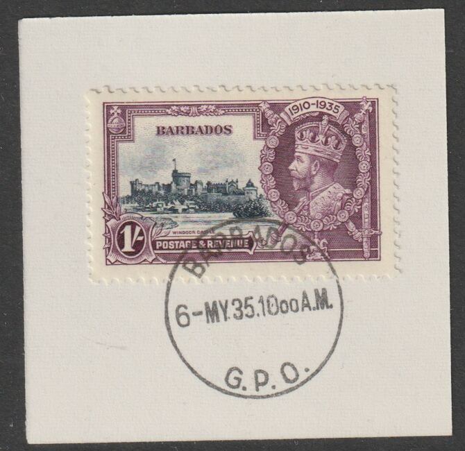 Barbados 1935 Silver Jubilee 1s on piece with full strike of Madame Joseph forged postmark type 46