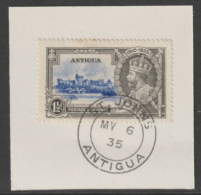 Antigua 1935 KG5 Silver Jubilee 1.5d on piece with full strike of Madame Joseph forged postmark type 16