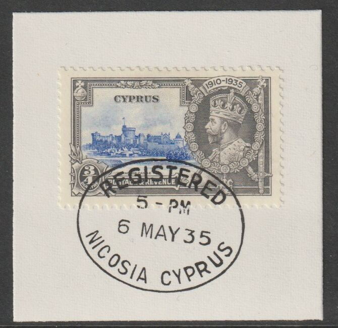 Cyprus 1935 KG5 Silver Jubilee 3/4pi on piece with full strike of Madame Joseph forged postmark type 132