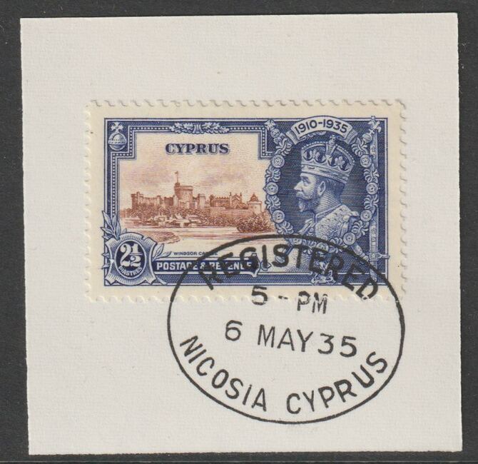 Cyprus 1935 KG5 Silver Jubilee 2.5pi on piece with full strike of Madame Joseph forged postmark type 132