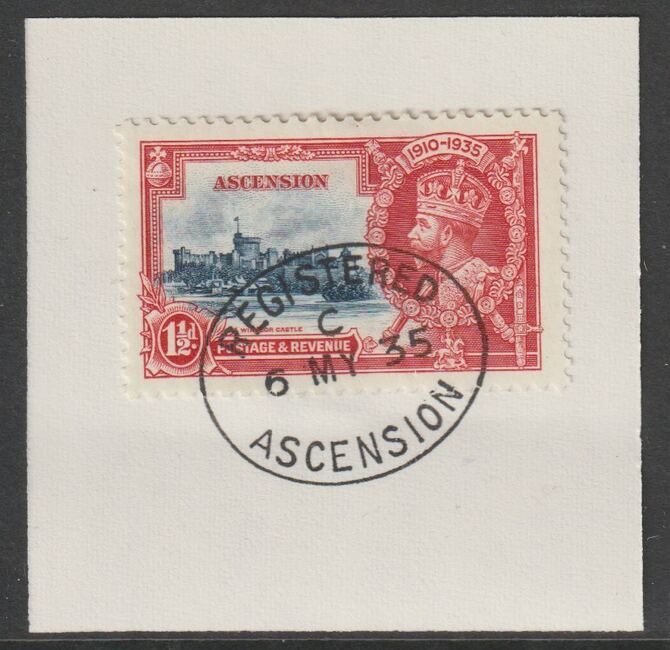 Ascension 1935 KG5 Silver Jubilee 1.5d on piece with full strike of Madame Joseph forged postmark type 22