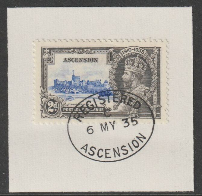 Ascension 1935 KG5 Silver Jubilee 2d on piece with full strike of Madame Joseph forged postmark type 22