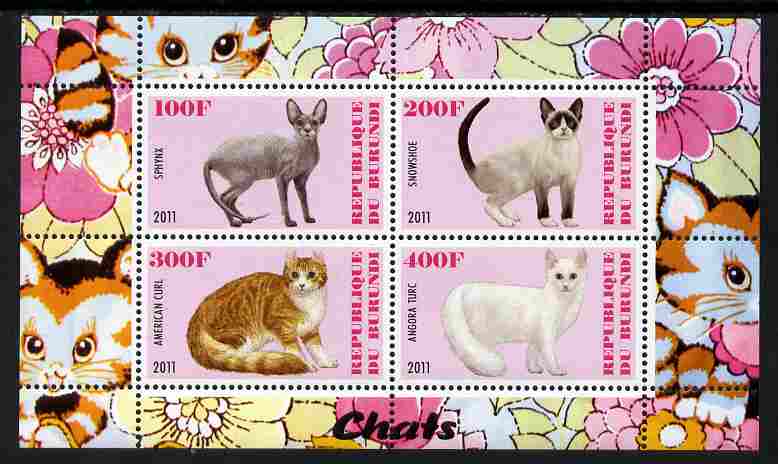 Burundi 2011 Domestic Cats #1 - pink background perf sheetlet containing 4 values unmounted mint