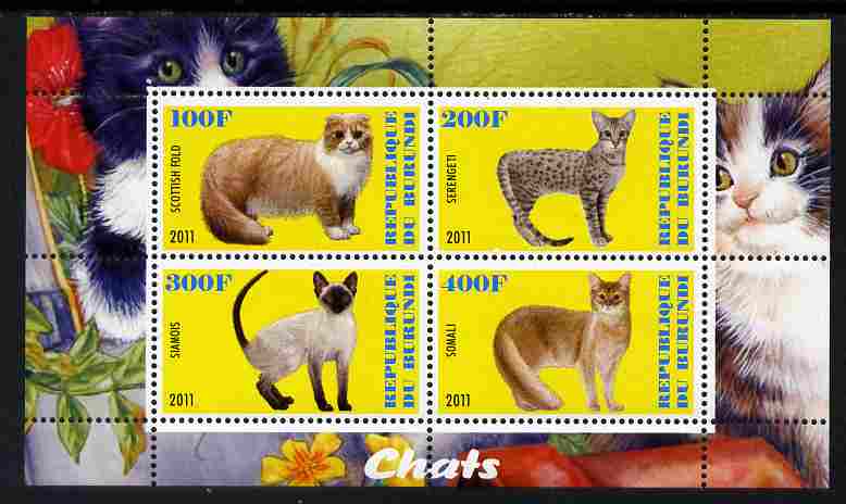 Burundi 2011 Domestic Cats #2 - yellow background perf sheetlet containing 4 values unmounted mint