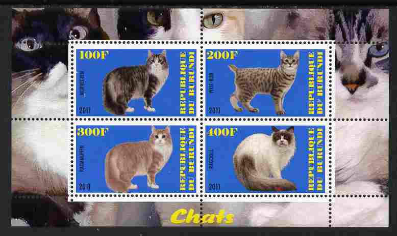 Burundi 2011 Domestic Cats #3 - blue background perf sheetlet containing 4 values unmounted mint