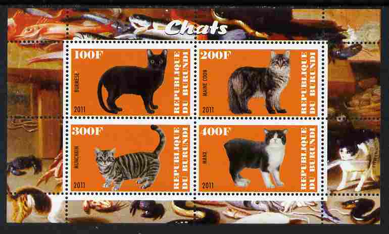 Burundi 2011 Domestic Cats #4 - orange background perf sheetlet containing 4 values unmounted mint