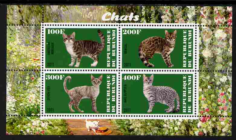 Burundi 2011 Domestic Cats #5 - green background perf sheetlet containing 4 values unmounted mint
