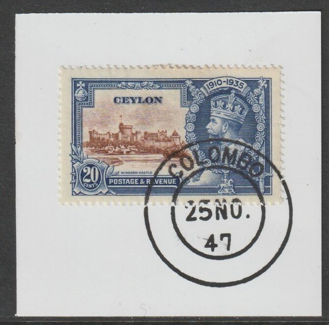 Ceylon 1935 KG5 Silver Jubilee 20c on piece with full strike of Madame Joseph forged postmark type 122 (1947 cancel)