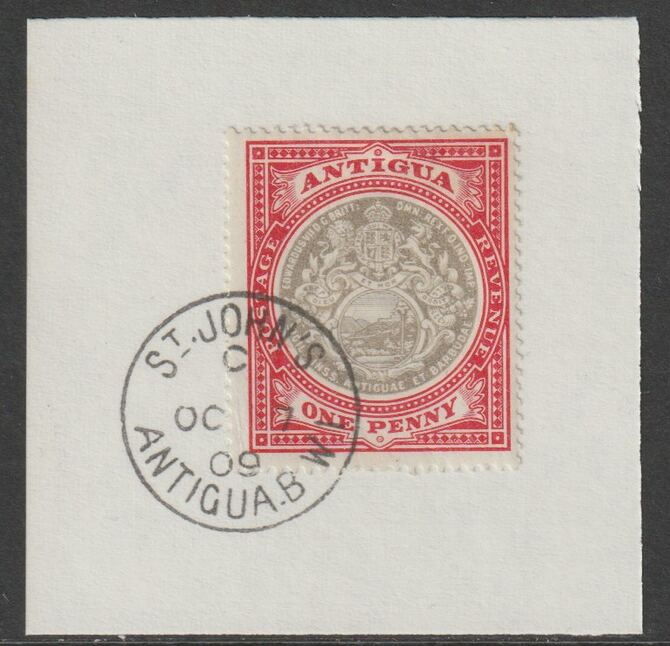 Antigua 1903 Arms 1d grey-black & rose-red on piece with full strike of Madame Joseph forged postmark type 13