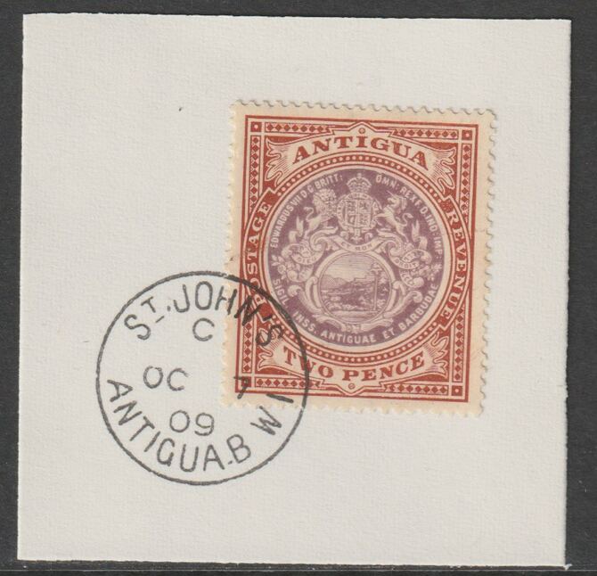 Antigua 1903-17 Arms 2d dull purple & brown on piece with full strike of Madame Joseph forged postmark type 13