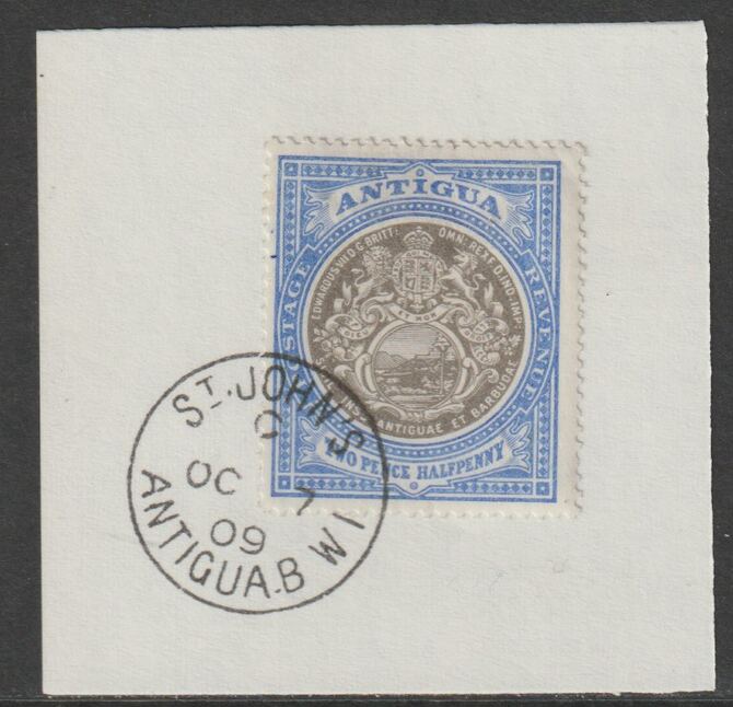 Antigua 1903 Arms 2.5d grey-black & blue on piece with full strike of Madame Joseph forged postmark type 13