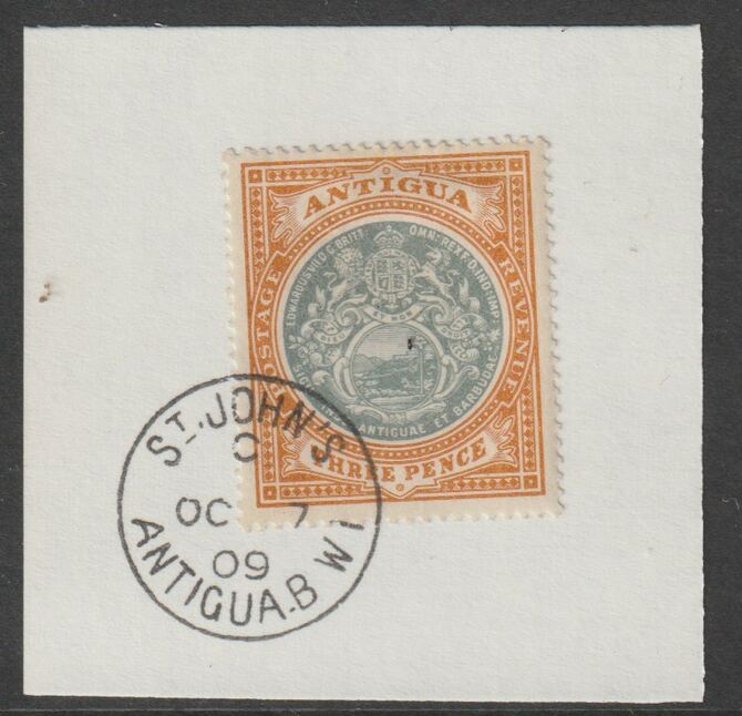 Antigua 1903-17 Arms 3d grey-green & orange-brown on piece with full strike of Madame Joseph forged postmark type 13