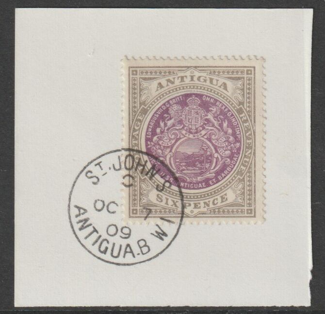 Antigua 1903-17 Arms 6d purple & drab on piece with full strike of Madame Joseph forged postmark type 13