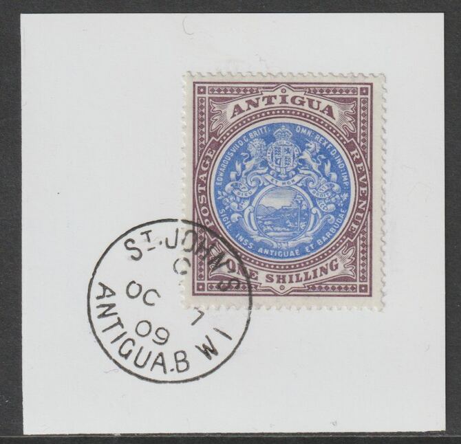 Antigua 1903-17 Arms 1s blue & dull purple on piece with full strike of Madame Joseph forged postmark type 13
