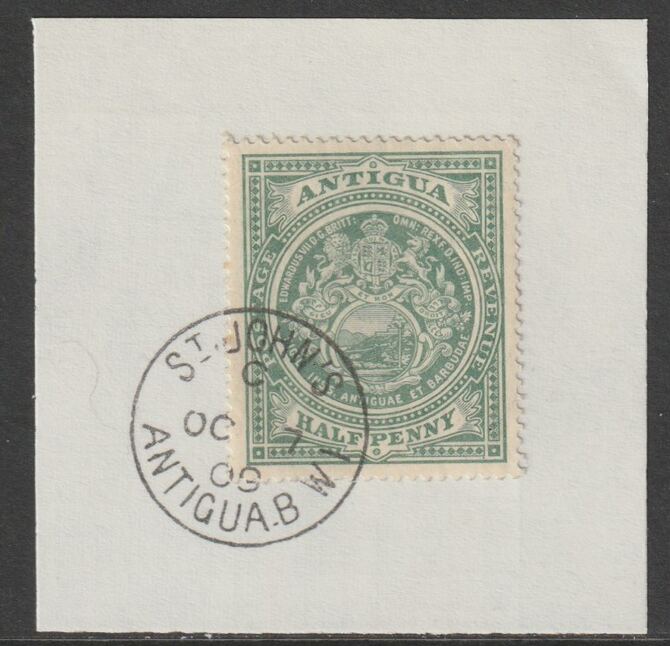 Antigua 1908 Arms 1/2d green on piece with full strike of Madame Joseph forged postmark type 13