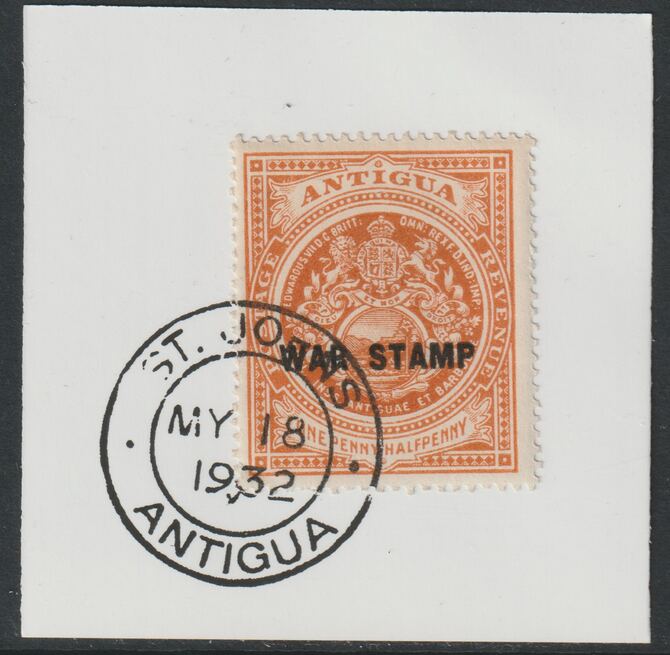 Antigua 1918 War Tax 1.5d orange on piece with full strike of Madame Joseph forged postmark type 14