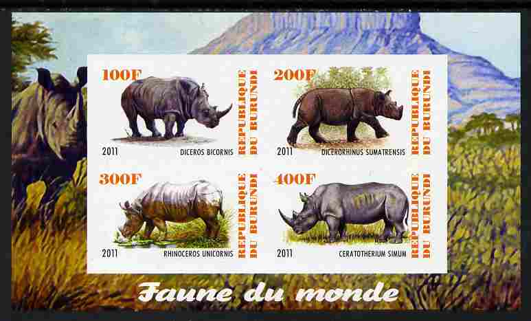 Burundi 2011 Fauna of the World - Rhinoceros imperf sheetlet containing 4 values unmounted mint
