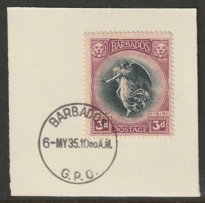 Barbados 1920-21 KG5 Victory 3d on piece with full strike of Madame Joseph forged postmark type 46