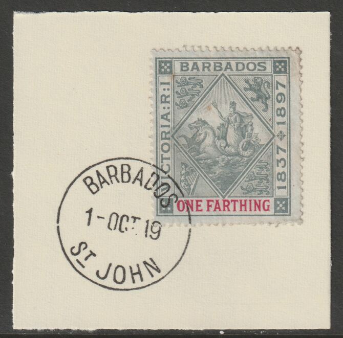 Barbados 1897 Diamond Jubilee 1/4d on piece with full strike of Madame Joseph forged postmark type 45