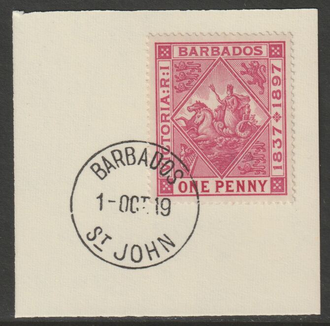 Barbados 1897 Diamond Jubilee 1d on piece with full strike of Madame Joseph forged postmark type 45