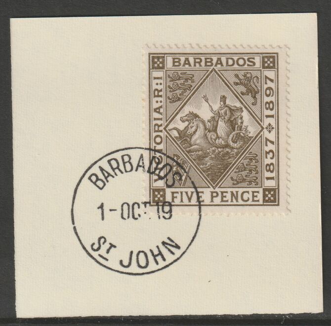 Barbados 1897 Diamond Jubilee 5d on piece with full strike of Madame Joseph forged postmark type 45
