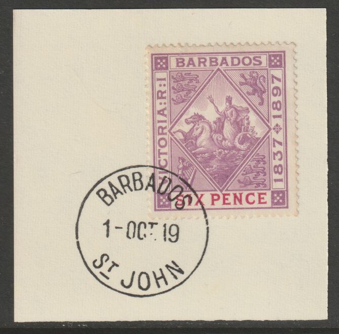 Barbados 1897 Diamond Jubilee 6d on piece with full strike of Madame Joseph forged postmark type 45