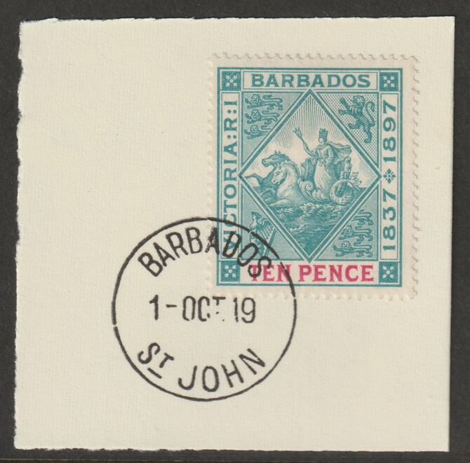 Barbados 1897 Diamond Jubilee 10d on piece with full strike of Madame Joseph forged postmark type 45