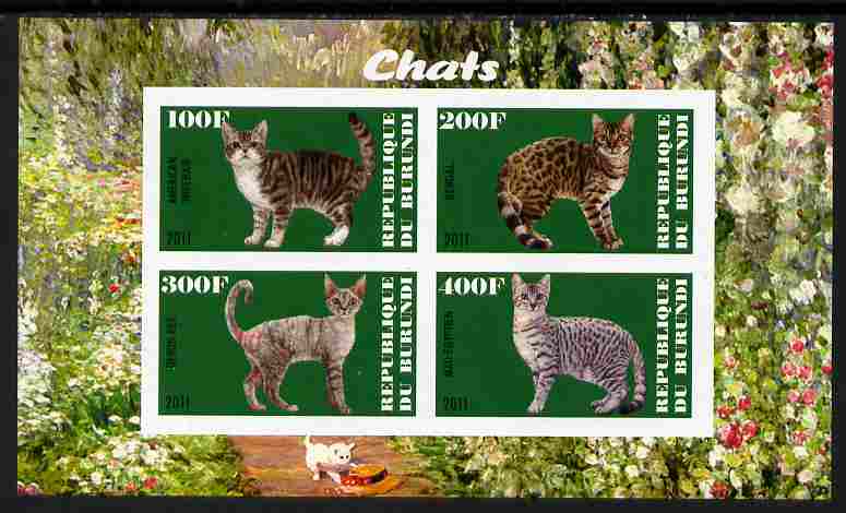 Burundi 2011 Domestic Cats #5 - green background imperf sheetlet containing 4 values unmounted mint