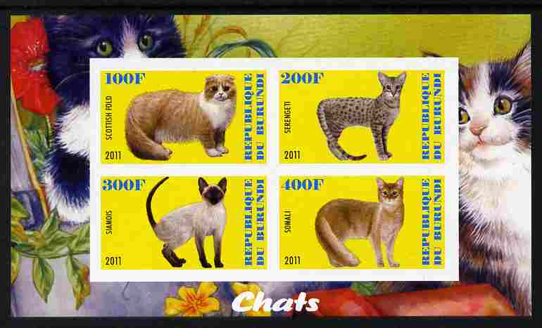 Burundi 2011 Domestic Cats #2 - yellow background imperf sheetlet containing 4 values unmounted mint
