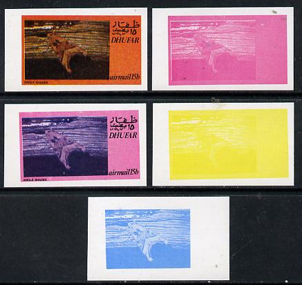 Dhufar 1974 Moths 15b (Angle Shades) set of 5 imperf progressive colour proofs comprising 3 individual colours (red, blue & yellow) plus 3 and all 4-colour composites unmounted mint