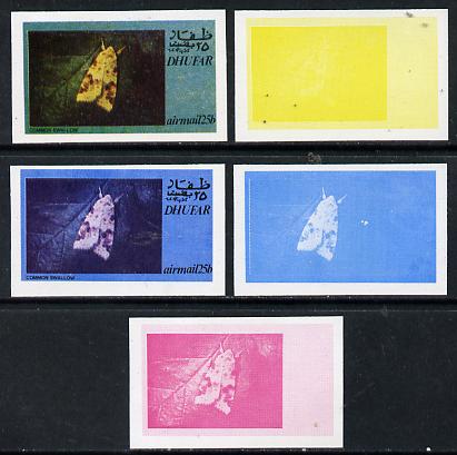 Dhufar 1974 Moths 25b (Common Swallow) set of 5 imperf progressive colour proofs comprising 3 individual colours (red, blue & yellow) plus 3 and all 4-colour composites unmounted mint