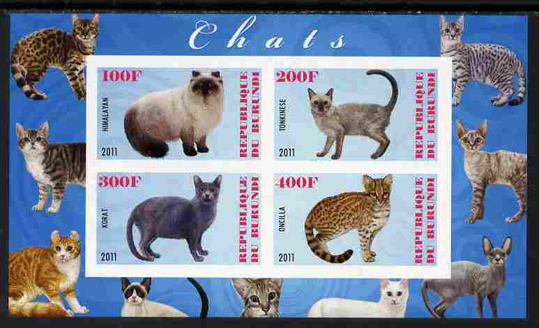 Burundi 2011 Domestic Cats #6 - pale blue background imperf sheetlet containing 4 values unmounted mint