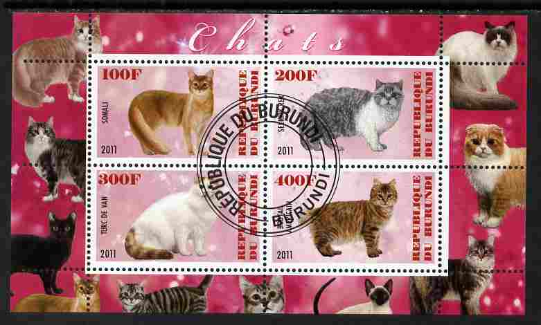Burundi 2011 Domestic Cats #7 - cerise background perf sheetlet containing 4 values fine cto used