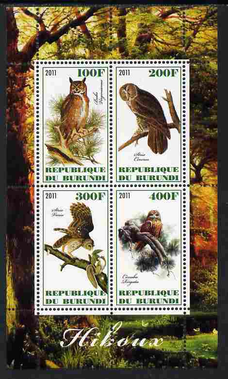 Burundi 2011 Owls perf sheetlet containing 4 values unmounted mint