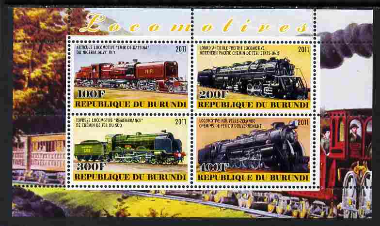 Burundi 2011 Steam Locomotives #8 perf sheetlet containing 4 values unmounted mint