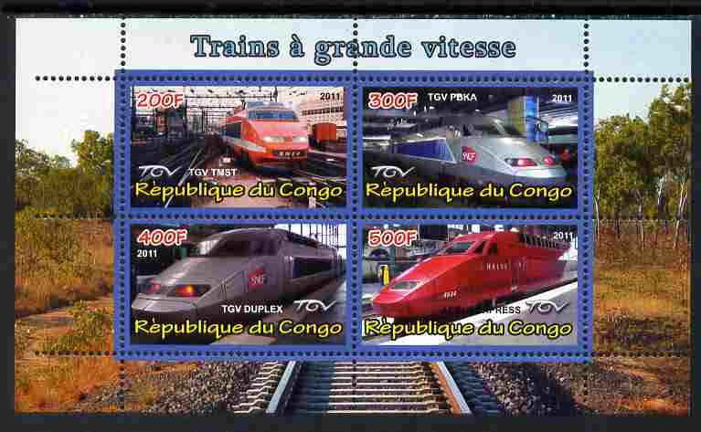 Congo 2011 High Speed Trains #2 perf sheetlet containing 4 values unmounted mint