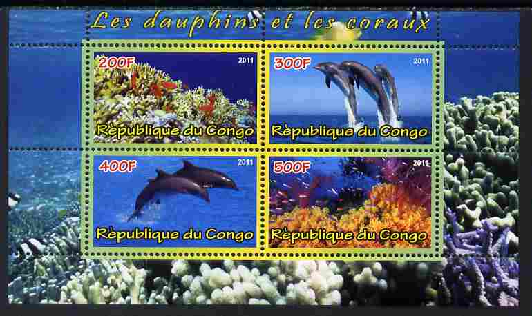 Congo 2011 Dolphins & Coral #1 perf sheetlet containing 4 values unmounted mint