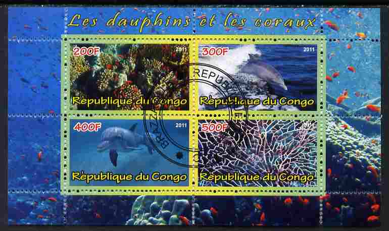 Congo 2011 Dolphins & Coral #2 perf sheetlet containing 4 values cto used